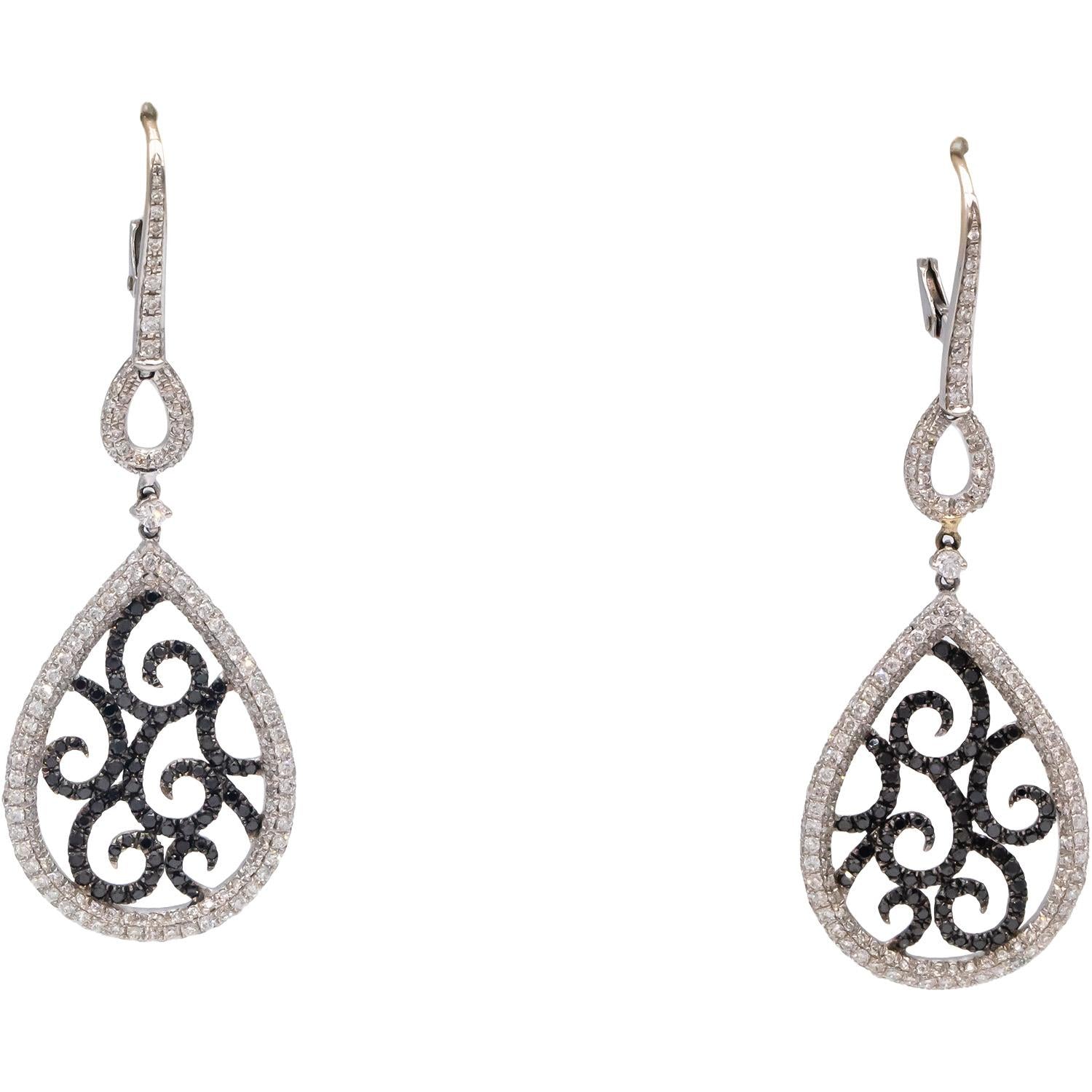 18k White Gold 2.0CT White and Black Diamond Drop Dangle Earrings