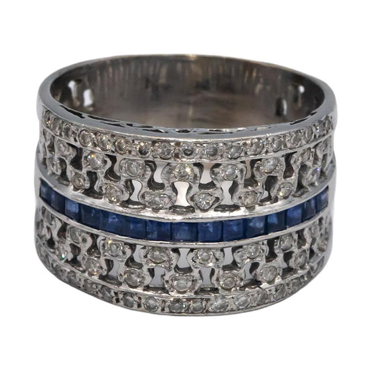 18k White Gold 1.0CT Diamond and Sapphire Wide Band Ring Size 8