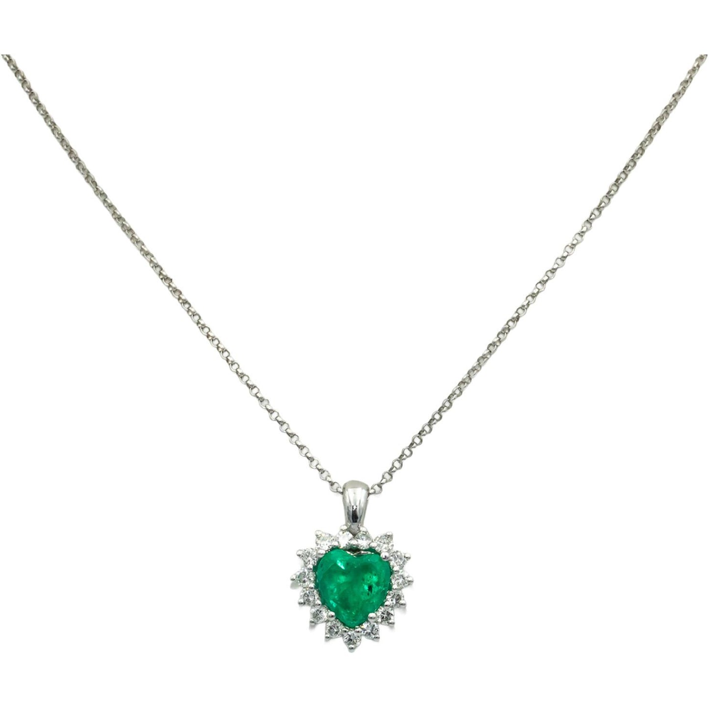 14k White Gold 2.24CT Diamond and Emerald Heart Pendant Necklace