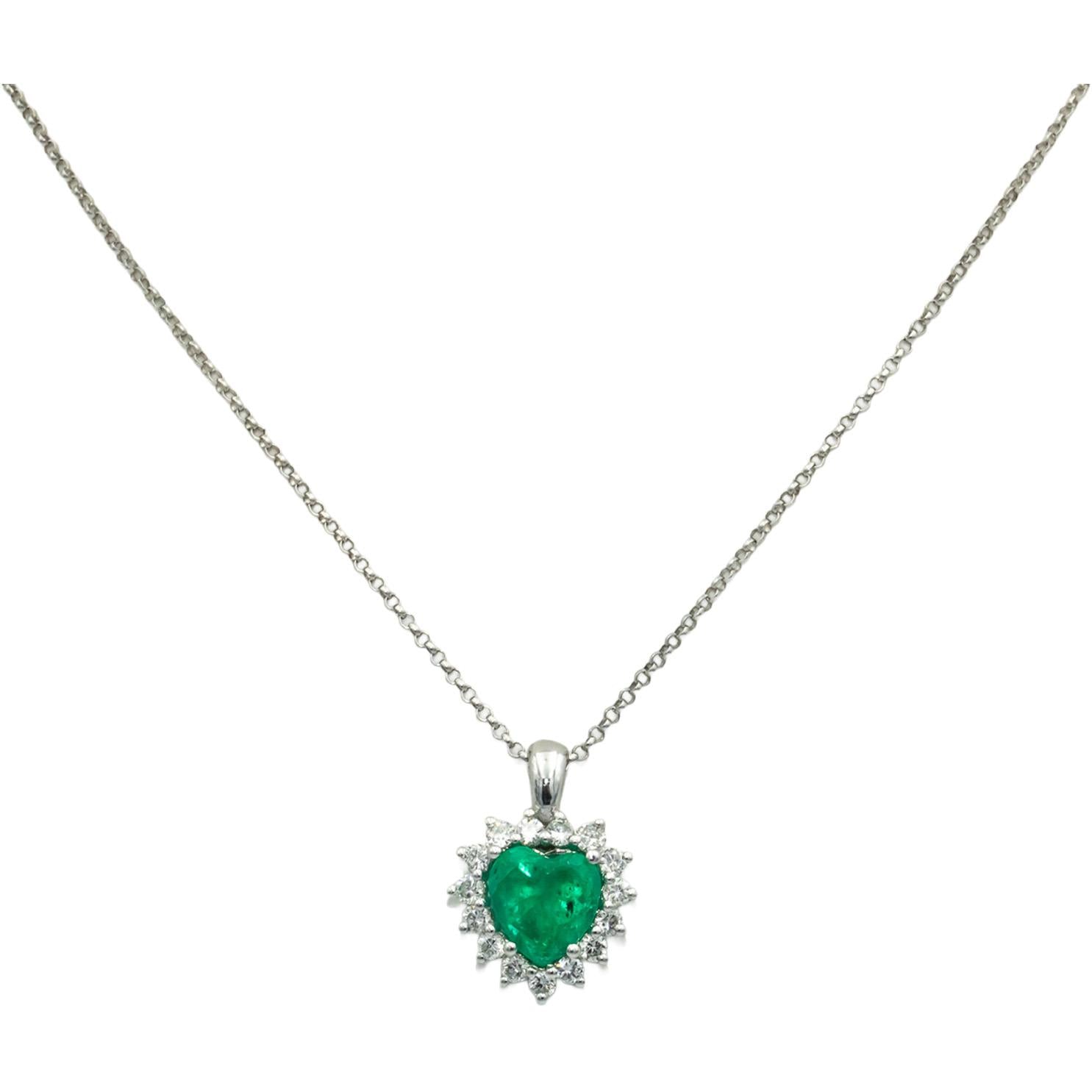 14k White Gold 2.24CT Diamond and Emerald Heart Pendant Necklace