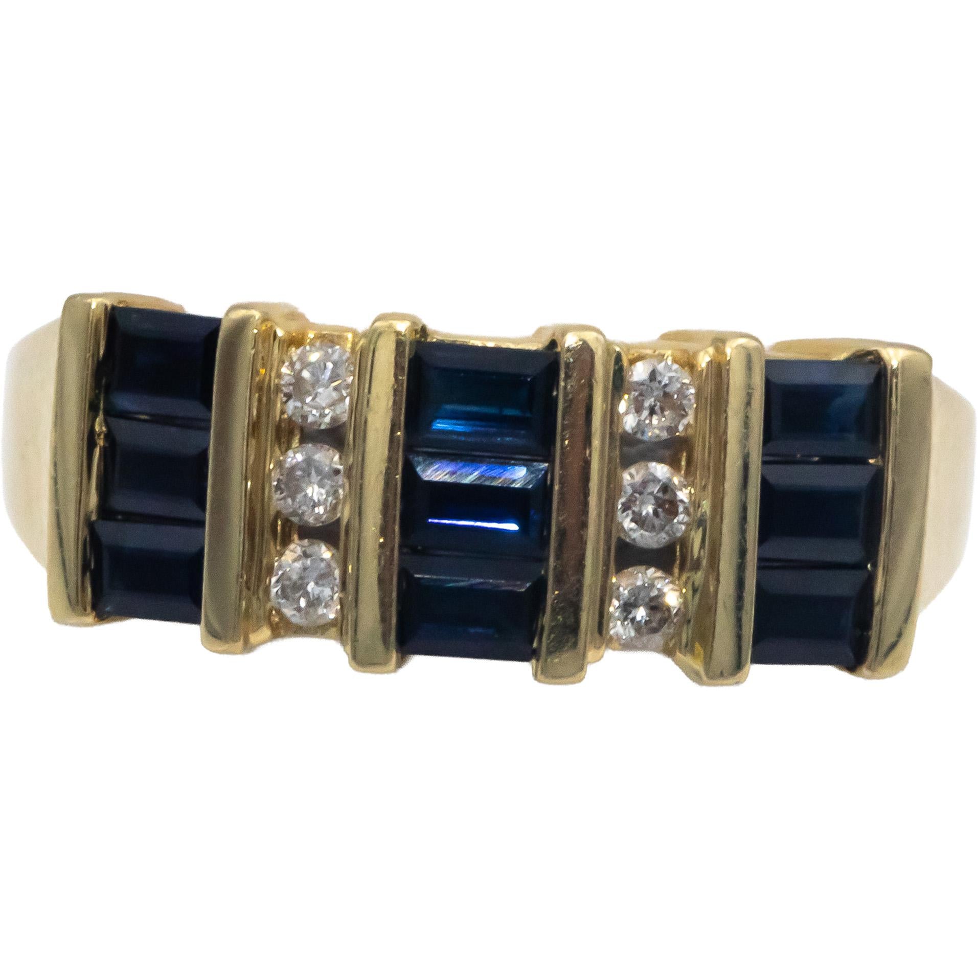14k Yellow Gold Round Diamond and Square Sapphire Band Ring 0.85CT Size 6.5