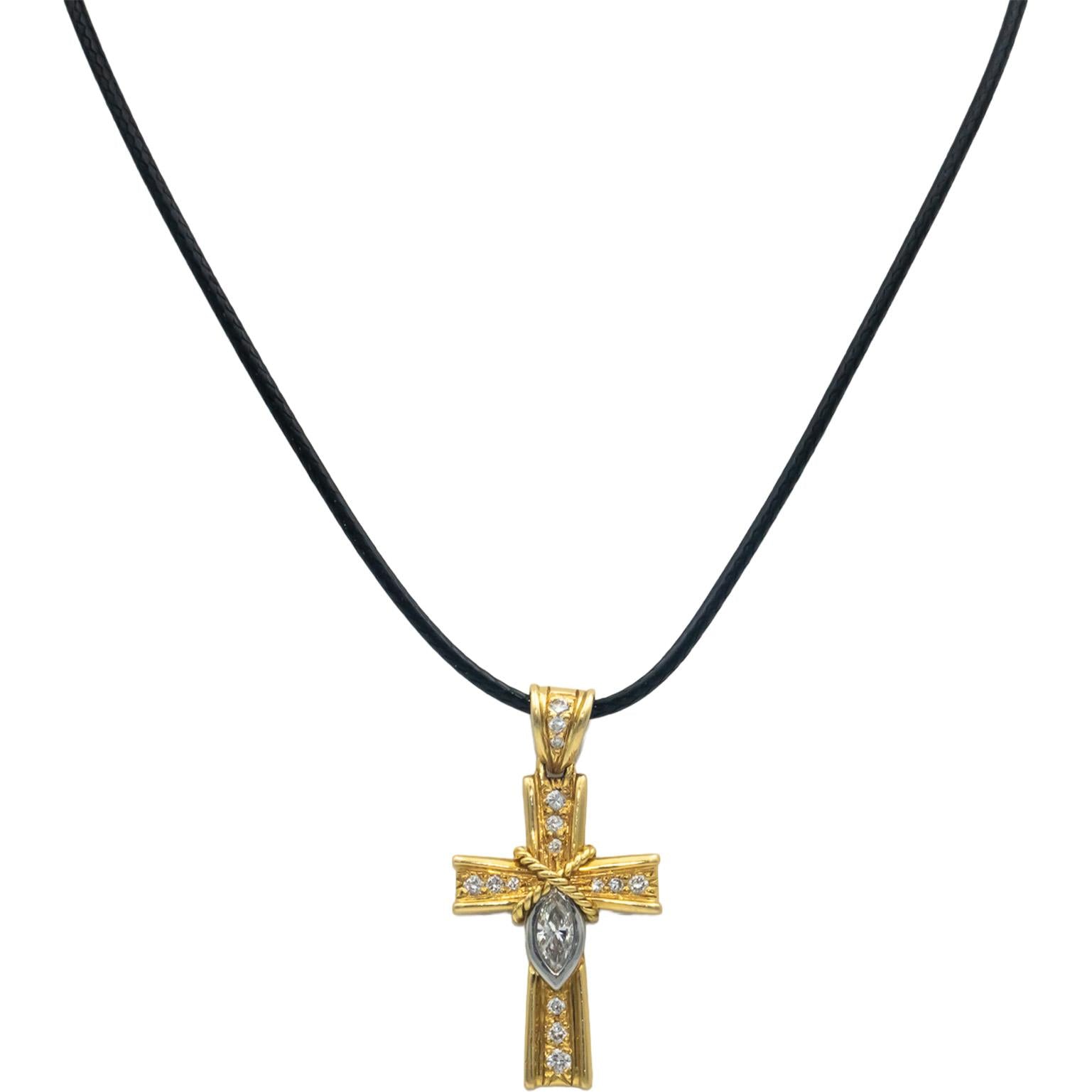 18k Yellow White Gold 0.60CT Diamond Cross Pendant Necklace w/ 0.40CT Center