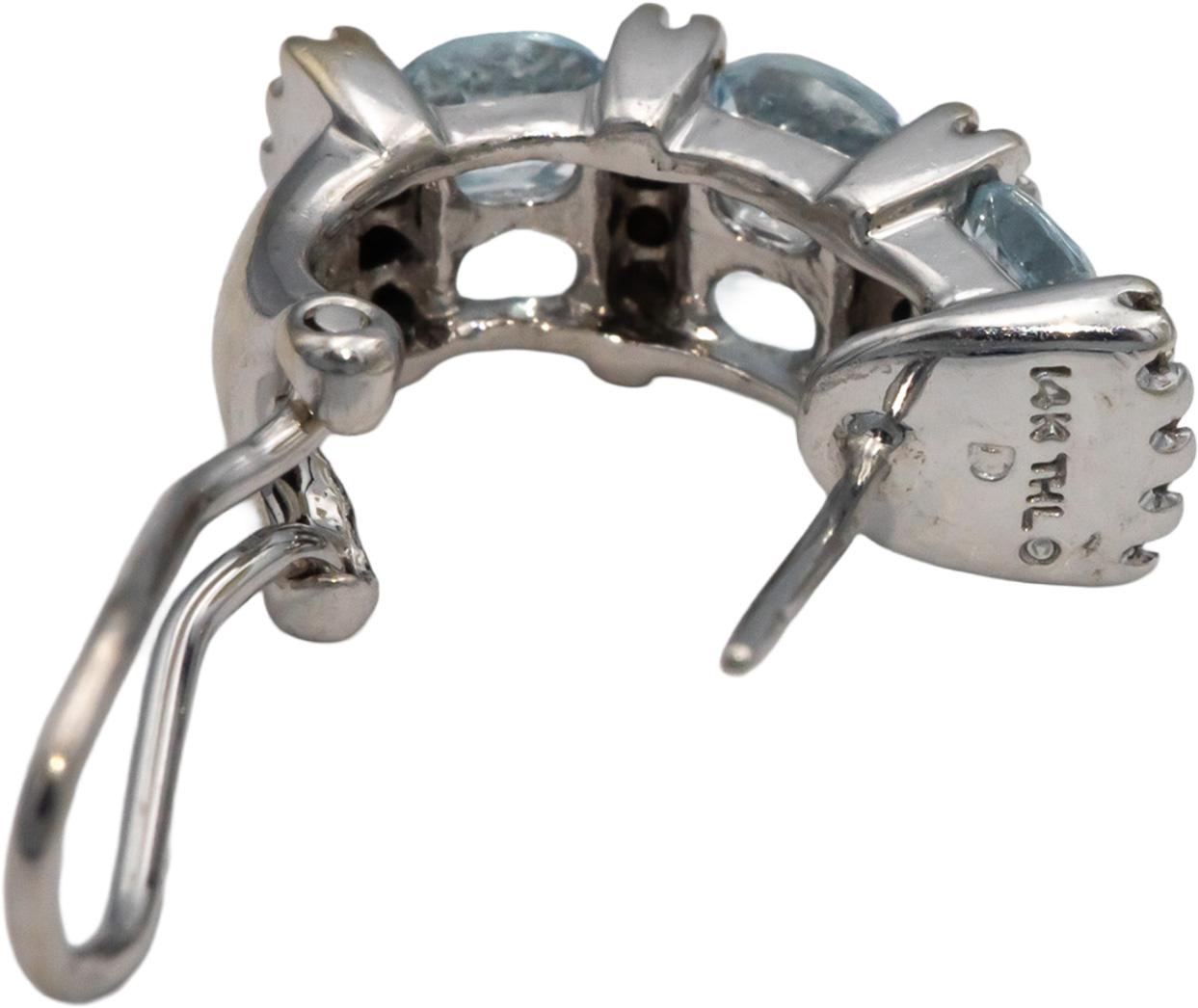 14k White Gold 1.26CT Diamond and Aquamarine Curved Huggie Style Earrings