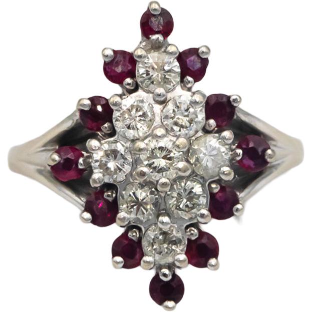 14k White Gold 1.50CT Diamond and Ruby Cluster Cocktail Ring Size 9.5