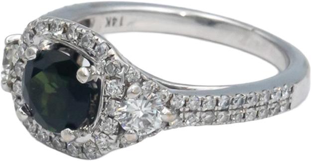 14k White Gold 1.50CT VS Diamond and Green Tourmaline Halo Ring Size 6