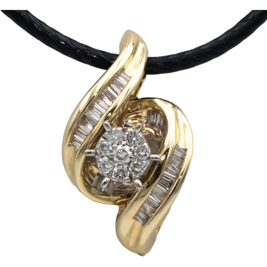 10k Yellow Gold 0.25CT Round and Baguette Cut Diamond Pendant Necklace