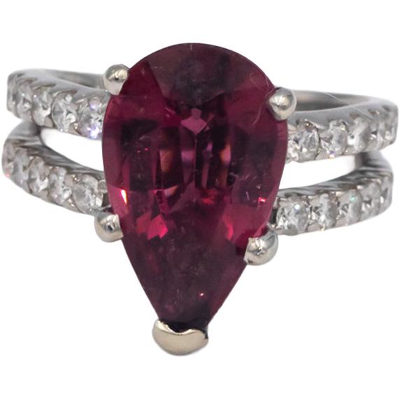 18k White Gold Round Diamond and Pear Cut Rubellite Ring 5.25CT Size 6.5