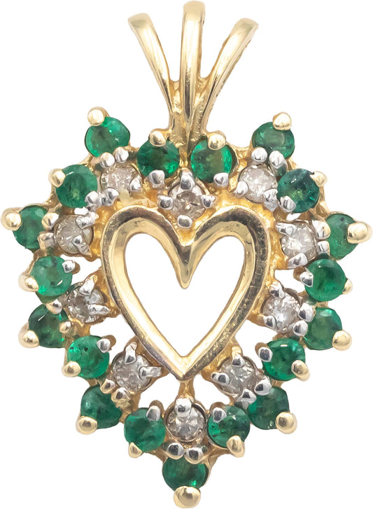 14k Yellow Gold 0.85CT Diamond and Emerald Cluster Heart Pendant