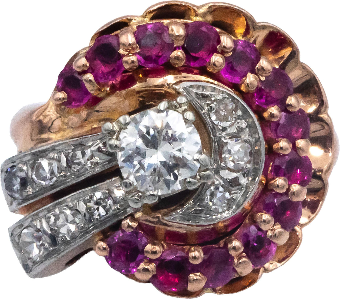 Vintage Antique Retro 14k Rose Gold 1.30CT Diamond and Ruby Ring w/ .55CT Center