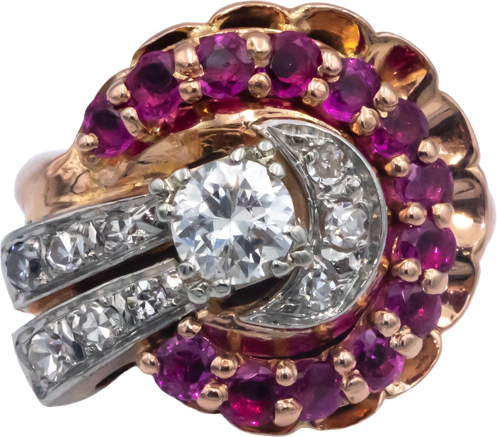 Vintage Antique Retro 14k Rose Gold 1.30CT Diamond and Ruby Ring w/ .55CT Center