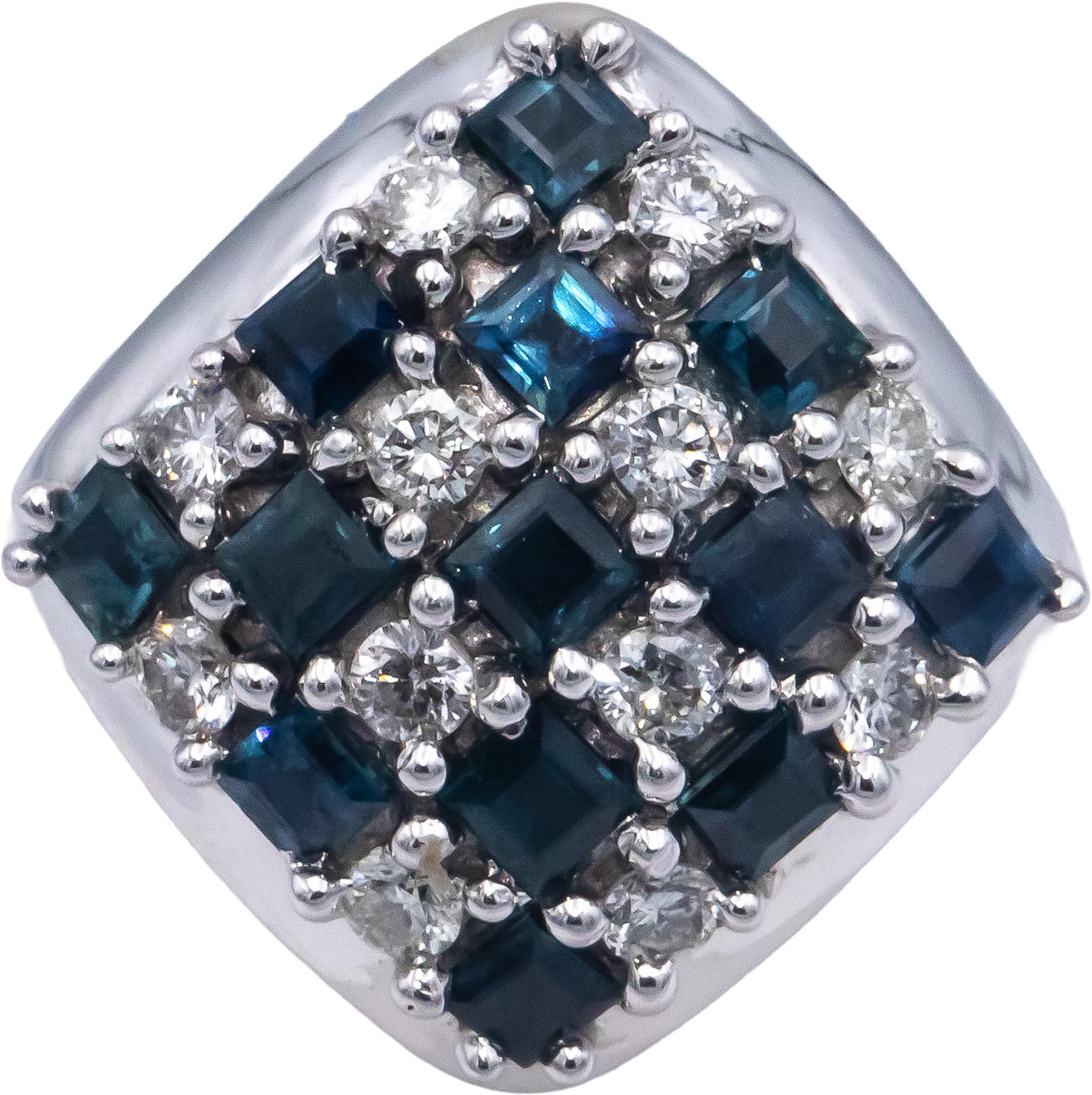 14k White Gold Diamond and Blue Sapphire Checkerboard Ring 1.08CT Size 7.25
