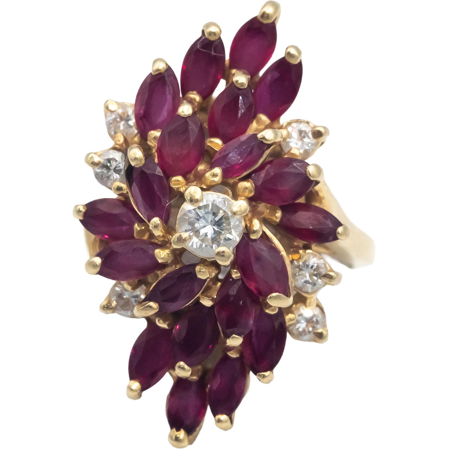 14k Yellow Gold 1.50CT Round Diamond & Marquise Ruby Cluster Ring Size 5.25