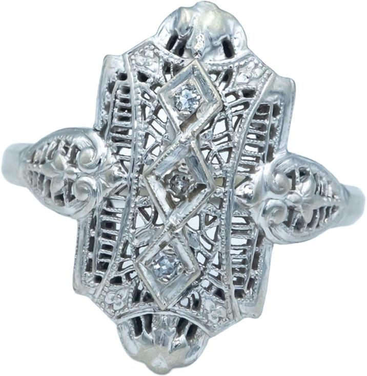 14k White Gold Jewelry Filigree Ring w/ 0.03CT Diamond Accents Size 9.5