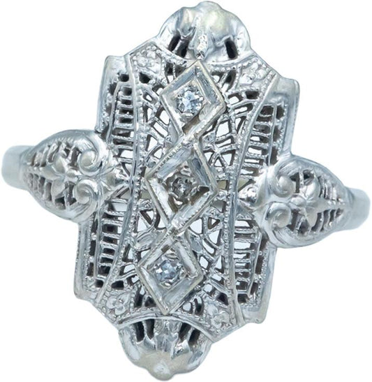 14k White Gold Jewelry Filigree Ring w/ 0.03CT Diamond Accents Size 9.5