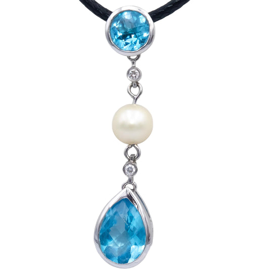 14k White Gold 2.02CT Diamond Blue Topaz 6mm Pearl Pendant Necklace