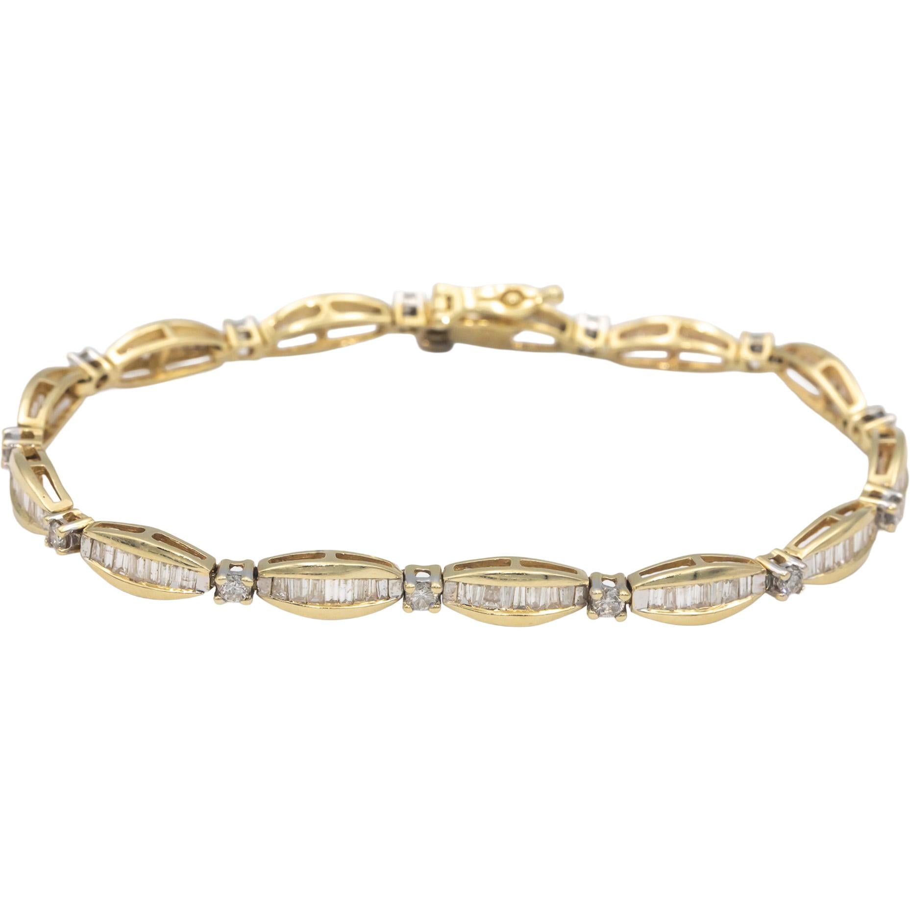 14k Yellow Gold Round & Baguette Cut Diamond Fancy Link Bracelet 3.0CT