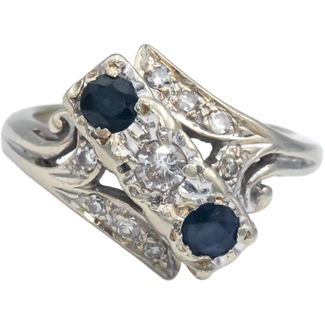 Antique Vintage 14k White Gold Diamond and Sapphire Ring 0.64CT Size 5.75