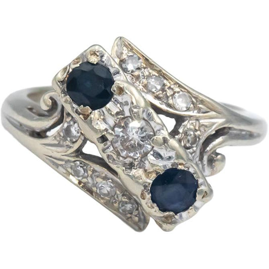 Antique Vintage 14k White Gold 0.64CT Diamond and Sapphire Ring Size 5.75