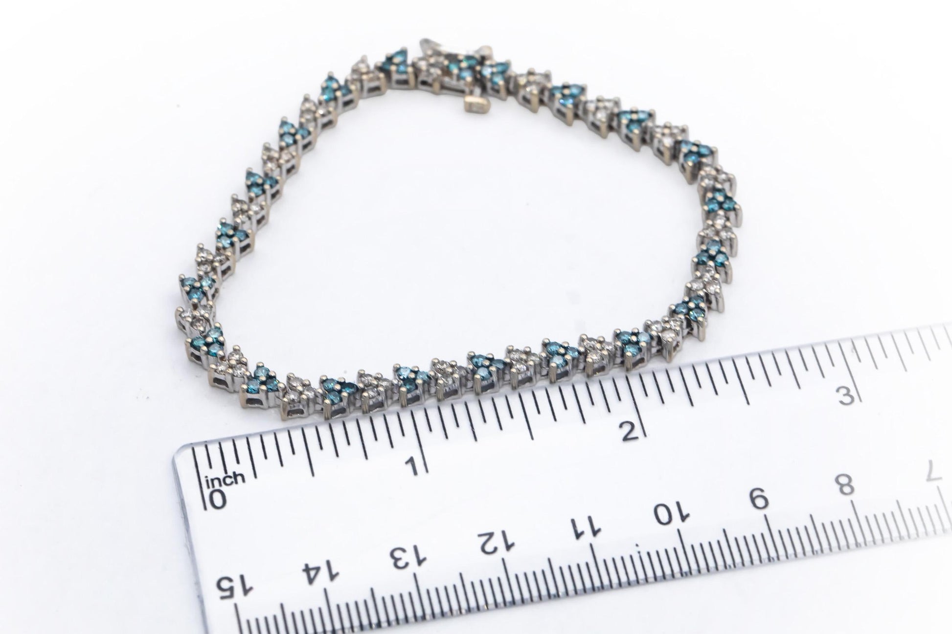 14k White Gold 2.50CT Round Cut White and Blue Diamond Fancy Link Bracelet