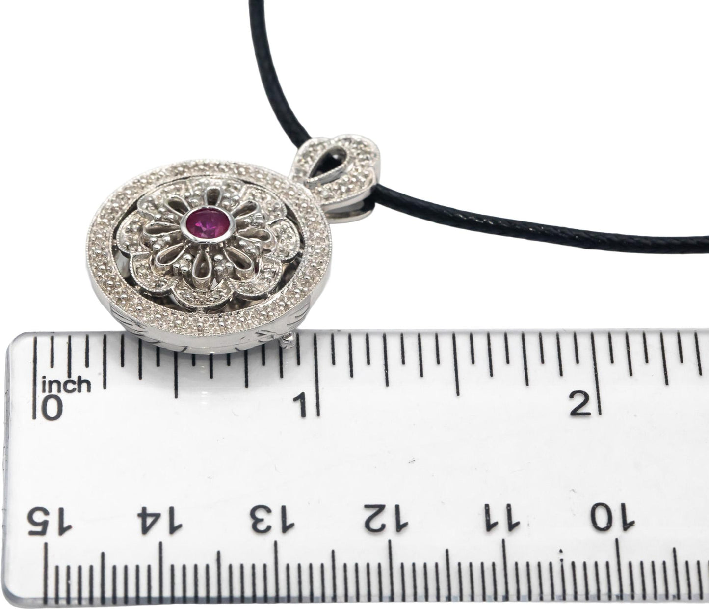14k White Gold 0.50CT Diamond and Ruby Illusion Setting Locket Pendant Necklace