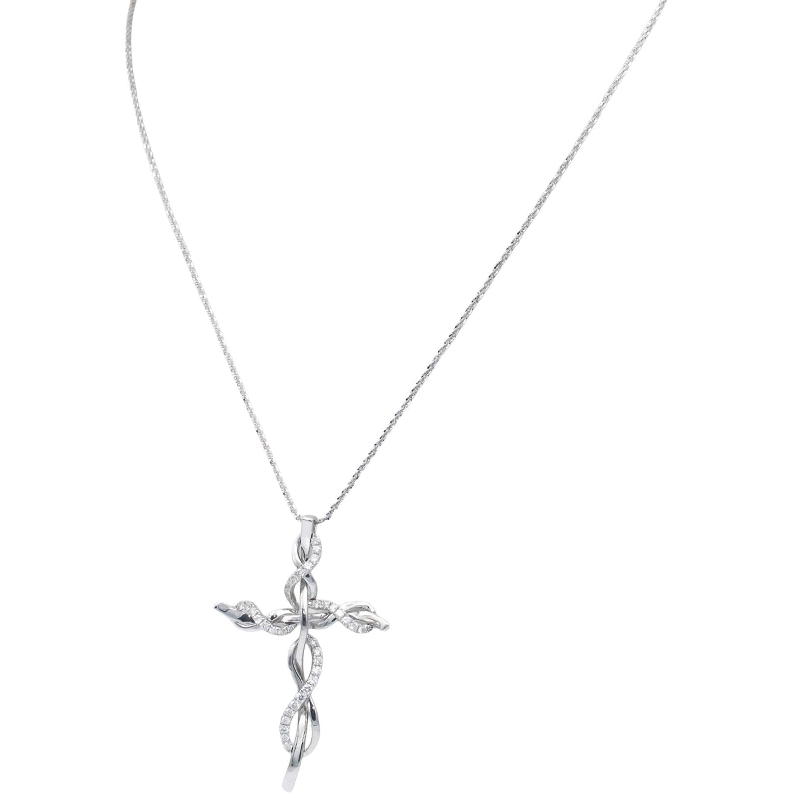 18k & 14k White Gold Diamond Twisted Link Cross Crucifix Pendant Necklace 0.62CT