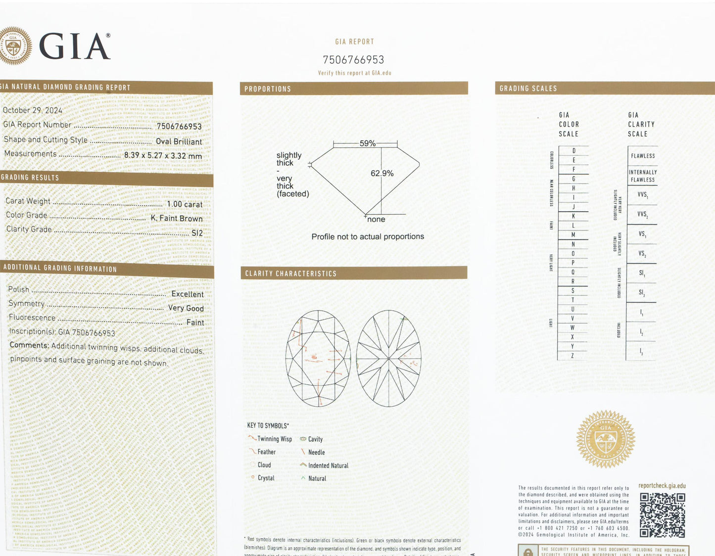 GIA Certified 1.00CT SI2/K,Faint Brown Oval Cut Loose Diamond