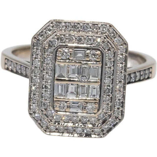 14k White Gold Emerald & Round Cut Diamond Cluster Ring 0.50CT Size 9