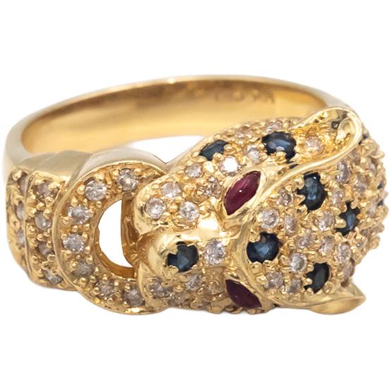 Diamond and Sapphire 14k Yellow Gold Panther Ring w/ Ruby Eyes 1.0CT Size 7