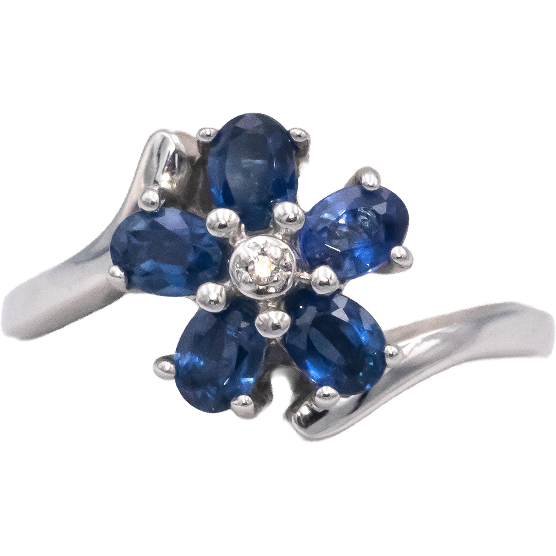 14k White Gold Oval and Round Sapphire and Diamond Flower Ring 1.26CT Size 8.5