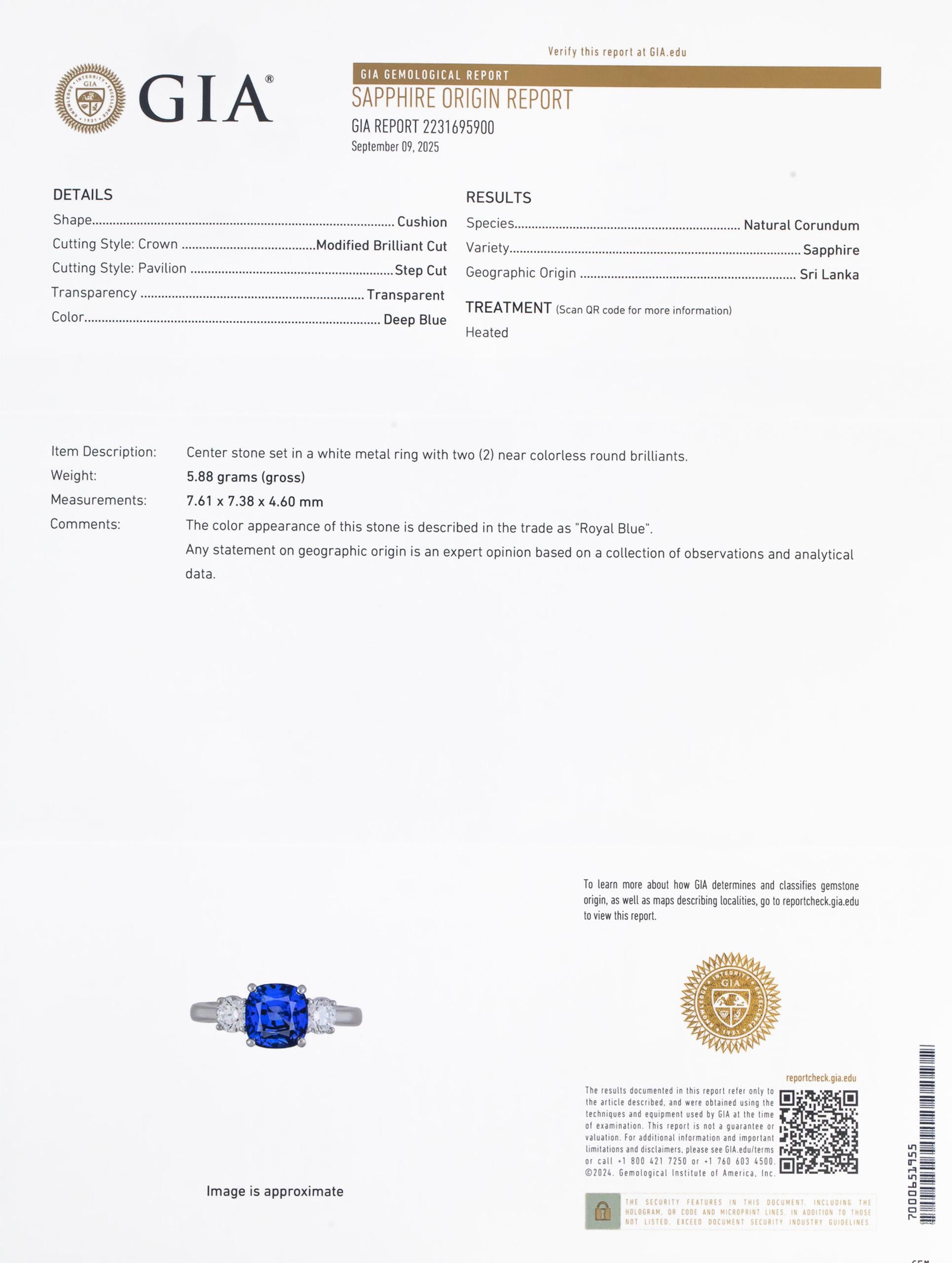 GIA Certified Platinum Royal Blue Sapphire & Diamond Ring 2.92CT Size 6.5
