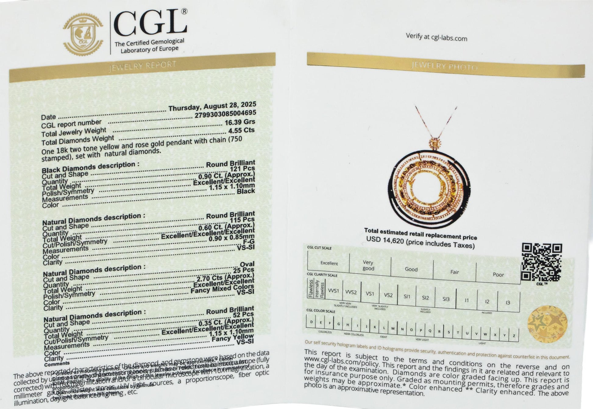 CGL Certified 18k Rose Gold Multi-Color Round Diamond Pendant Necklace 4.55CT