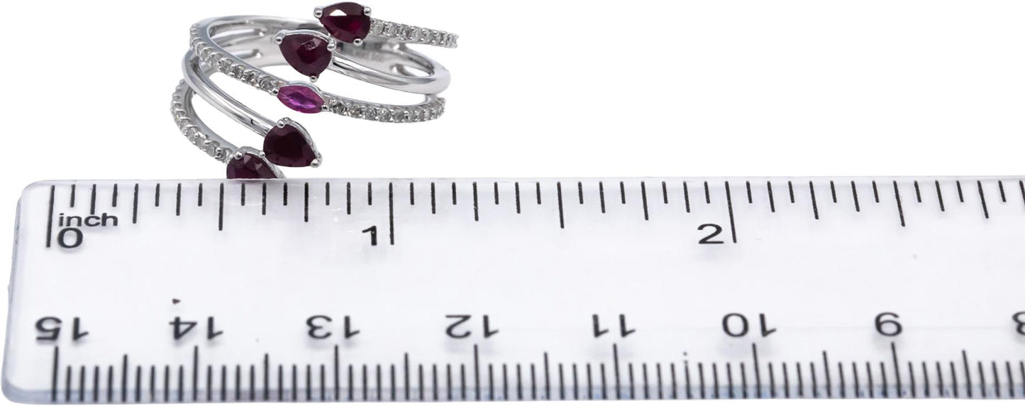 14k White Gold Diamond Ruby Spiral Bypass Ring 1.23CT Size 7