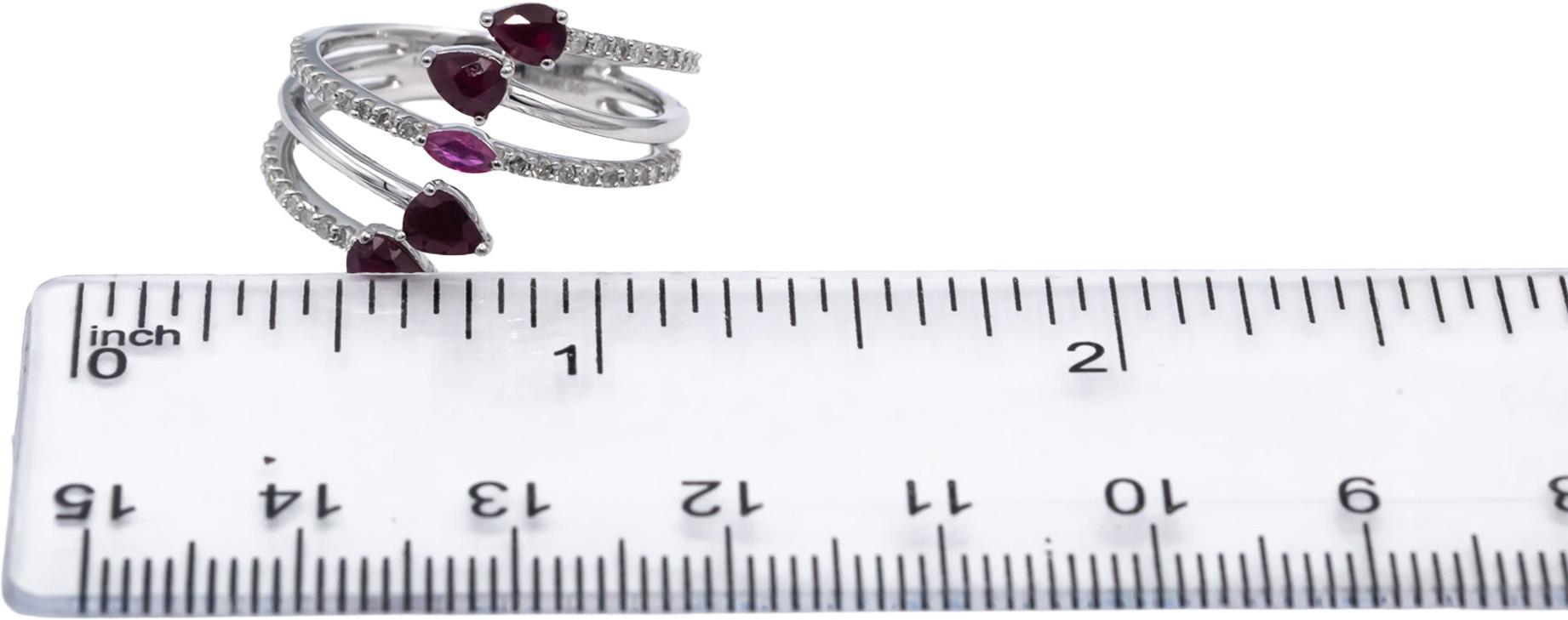 14k White Gold Diamond Ruby Spiral Bypass Ring 1.23CT Size 7
