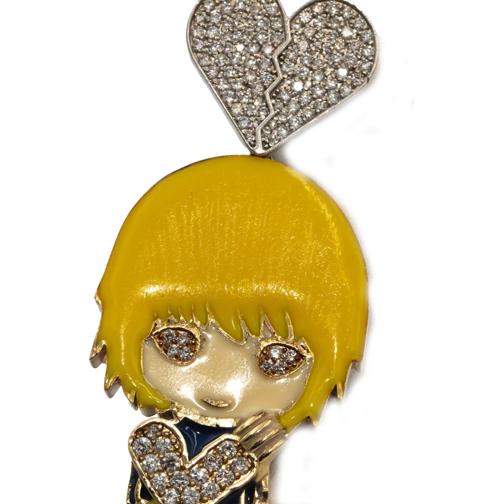 10k White & Yellow Gold VS Round Diamond Enamel Anime Character Pendant 1.50CT