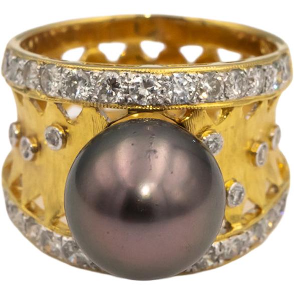18k Yellow Gold VS Round Diamond & 11.2mm Black Tahitian Pearl Ring 1.0CT Size 8