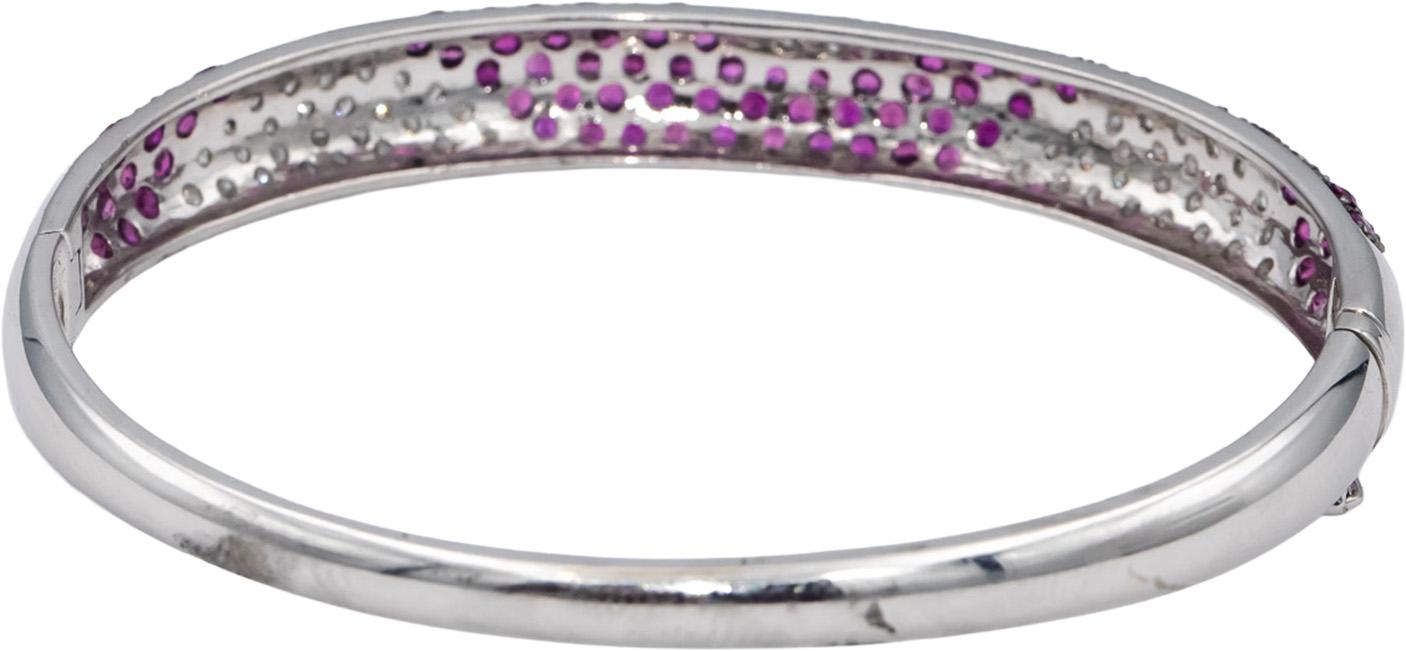 14k White Gold Round Diamond & Ruby Cluster Bangle Bracelet 4.25CTW