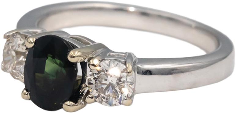 14k White Gold Oval Sapphire & Round Diamond Three Stone Engagement Ring 1.72CT