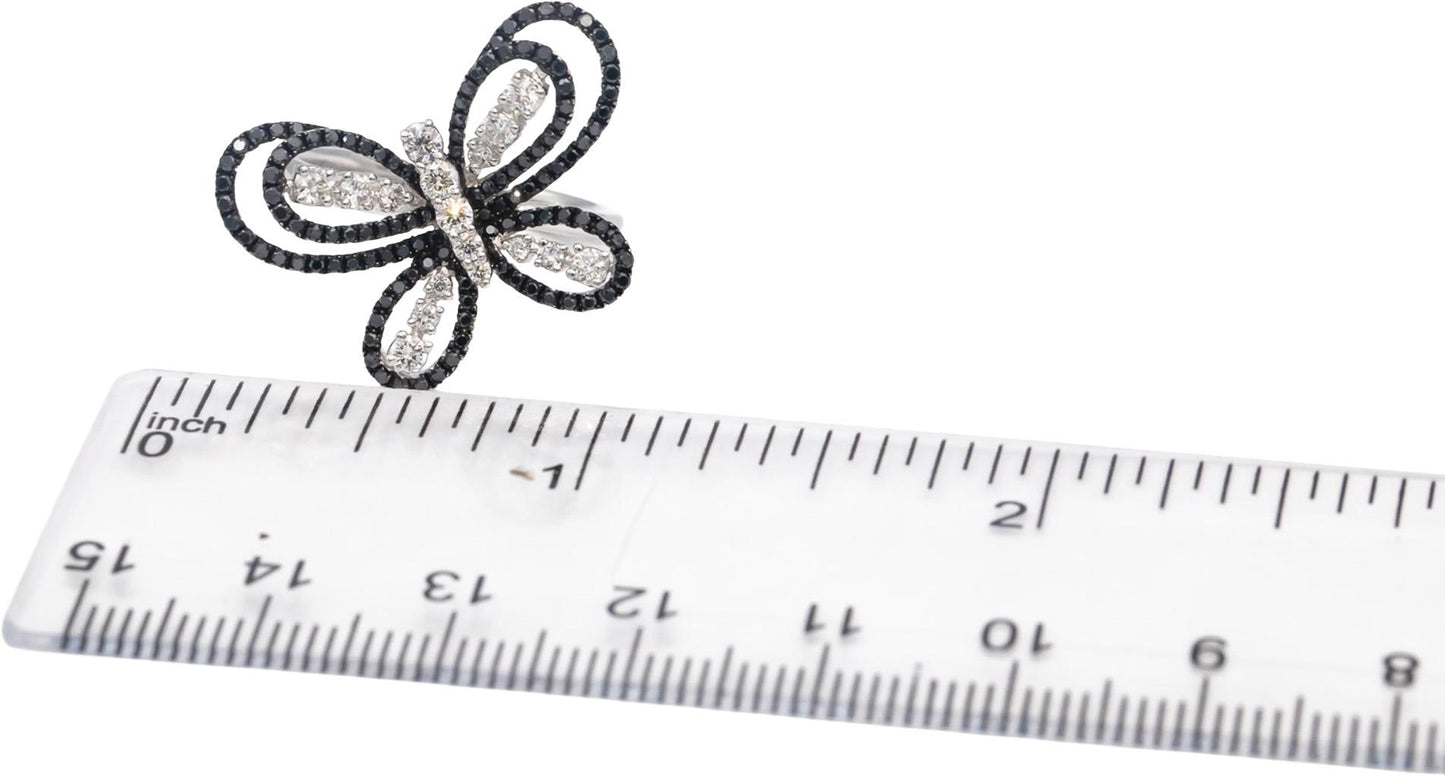 14k White Gold Round Black & White Diamond Butterfly Ring 1.0CT Size 7.5