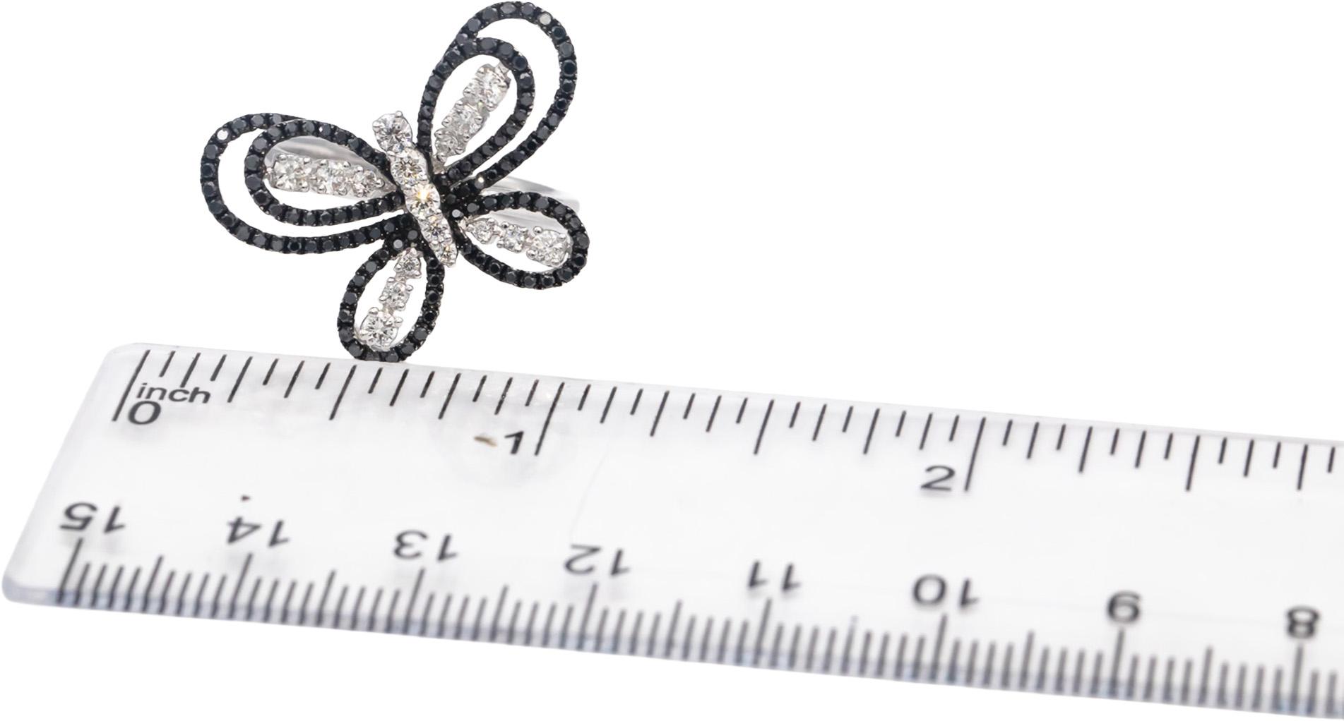 14k White Gold Round Black & White Diamond Butterfly Ring 1.0CT Size 7.5