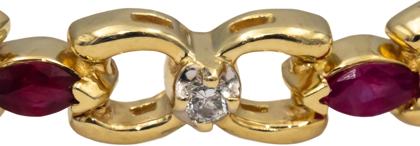 14k Yellow Gold Marquise Ruby Round Diamond Fancy Link Bracelet 1.55CT