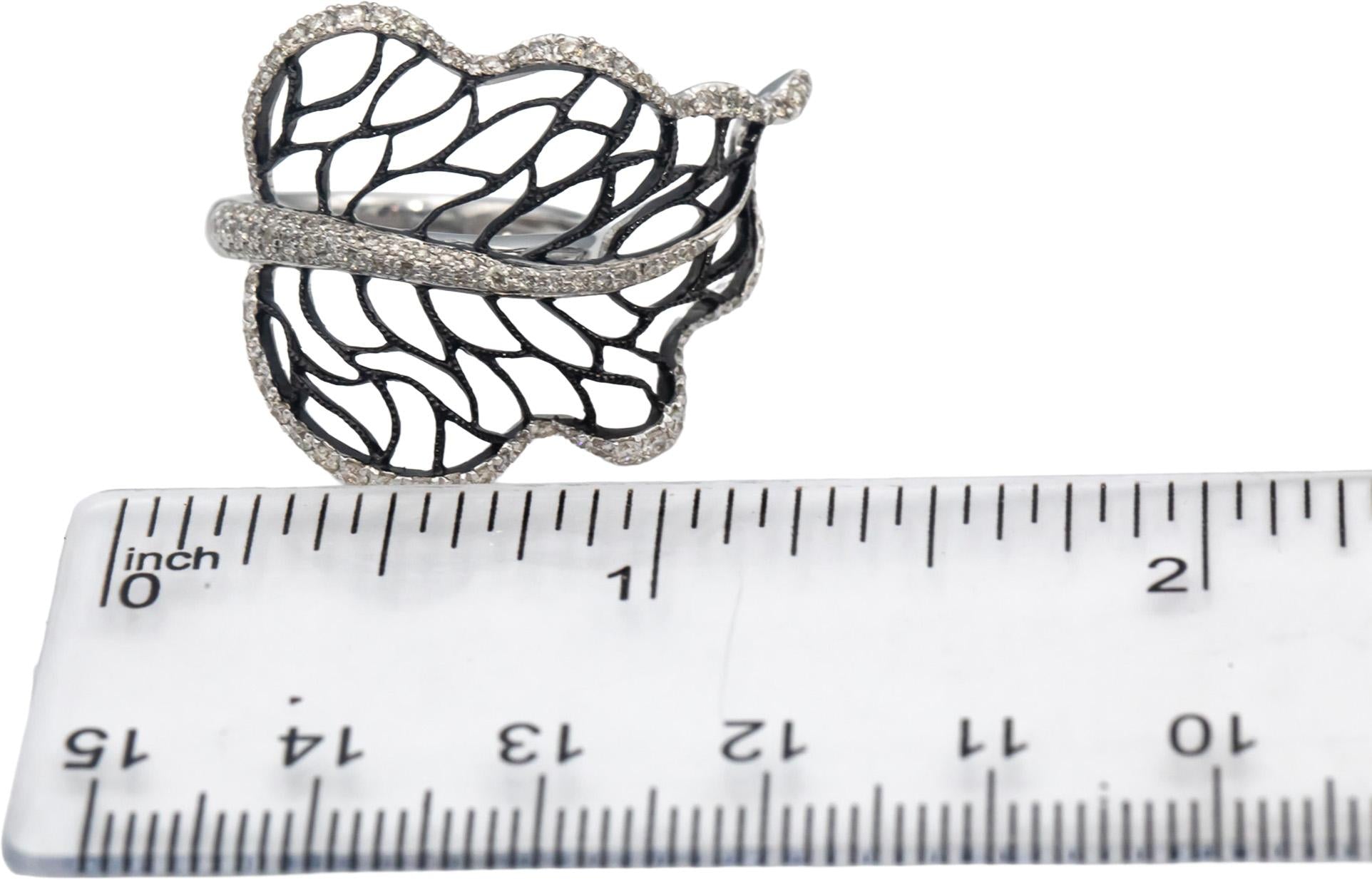 14k White Gold Round Diamond Floral Openwork Leaf Cocktail Ring 0.50CT Size 6.5