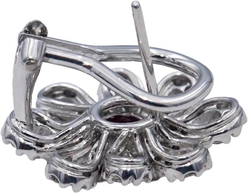 18k White Gold Oval Ruby Round Diamond Flower Earrings 2.42CT