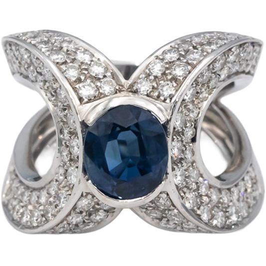 18k White Gold Oval Blue Sapphire Round Diamond Cocktail Ring 4.10CT Size 6.25