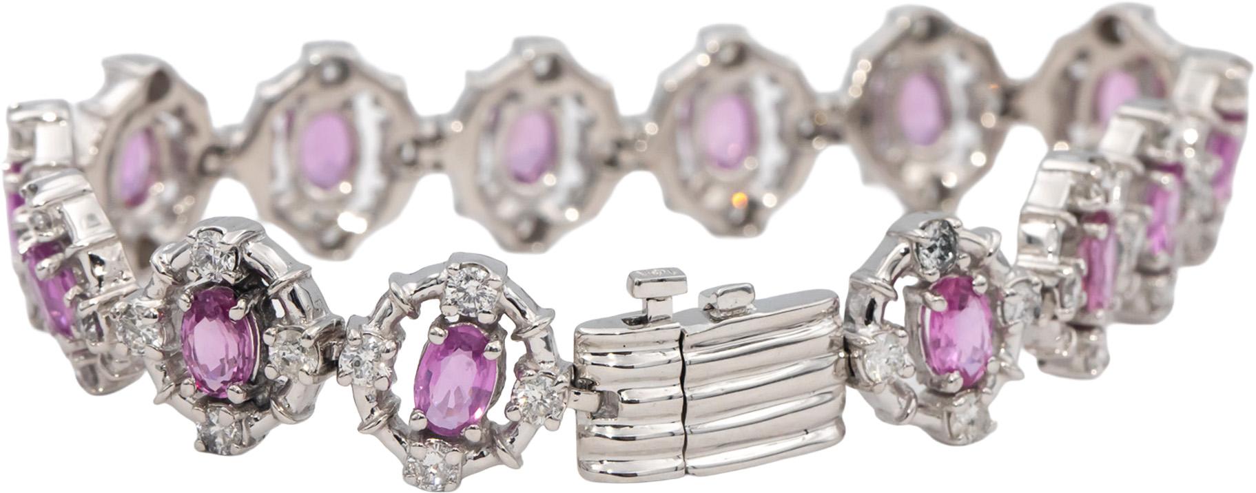 14k White Gold Oval Cut Pink Sapphire Round Diamond Fancy Link Bracelet 10.50CTW