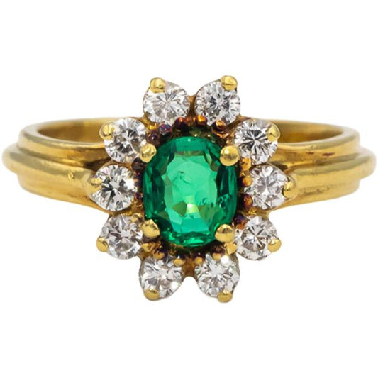 18k Yellow Gold VS Oval Cut Emerald Round Diamond Halo Ring 1.0CTW Size 6.25