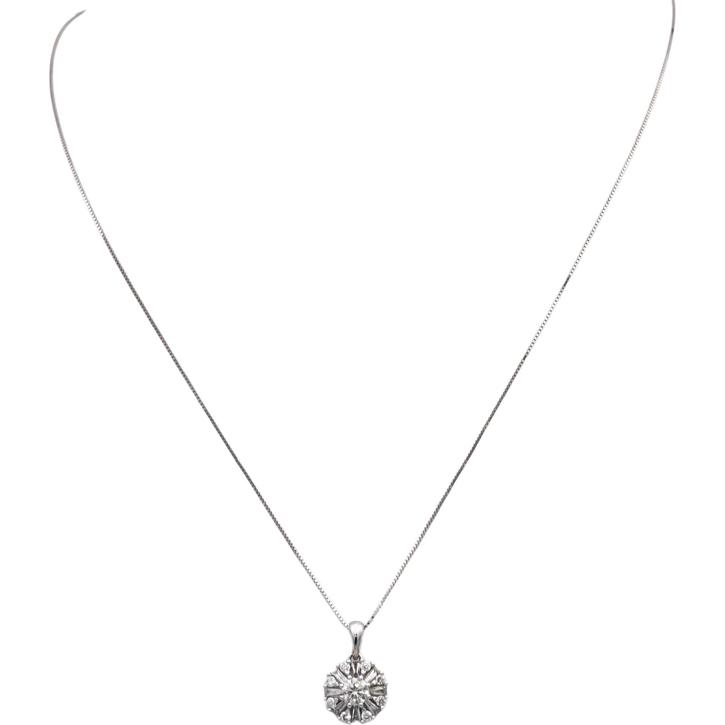 10k White Gold Round Baguette Diamond Cluster Starburst Pendant Necklace 0.76CT