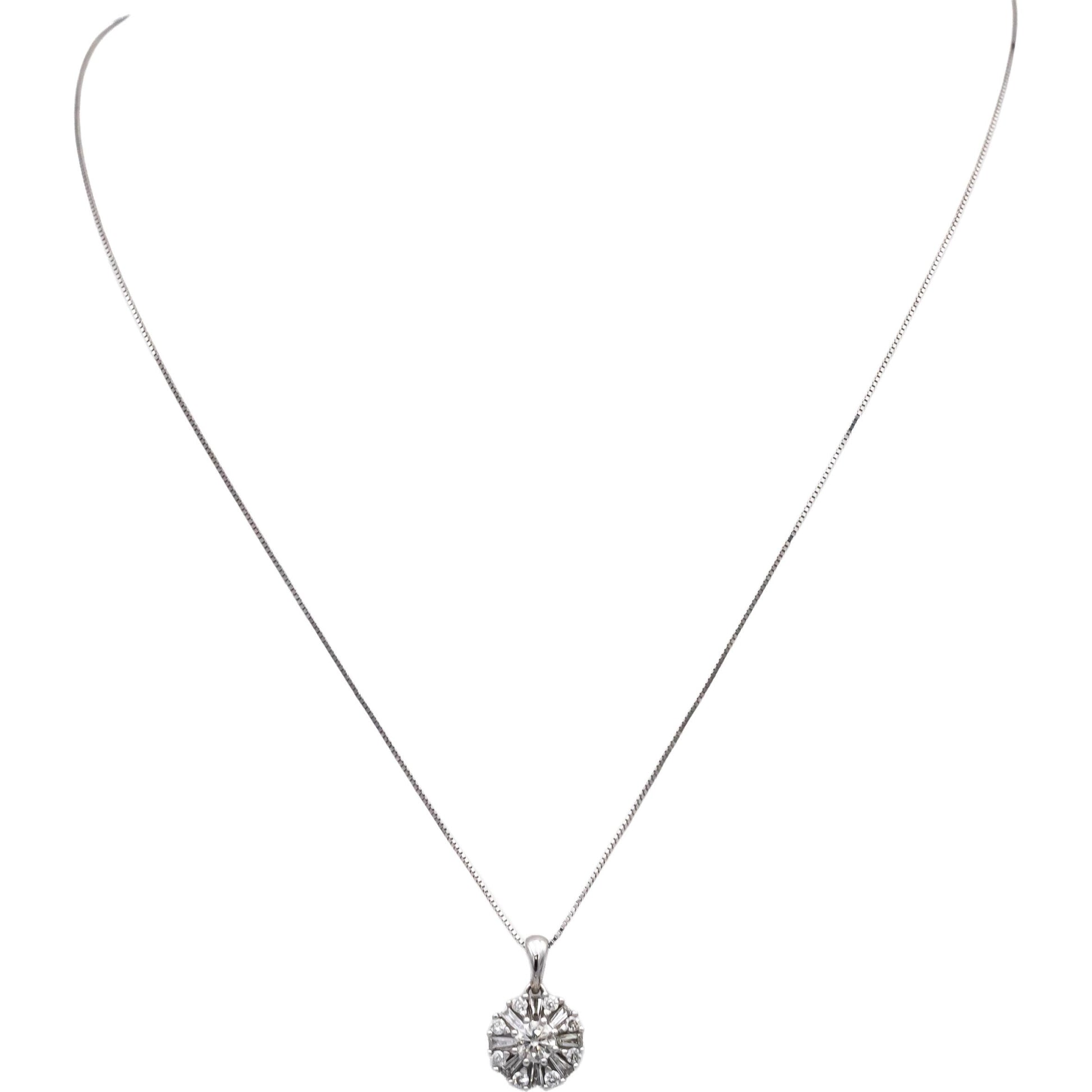 10k White Gold Round Baguette Diamond Cluster Starburst Pendant Necklace 0.76CT