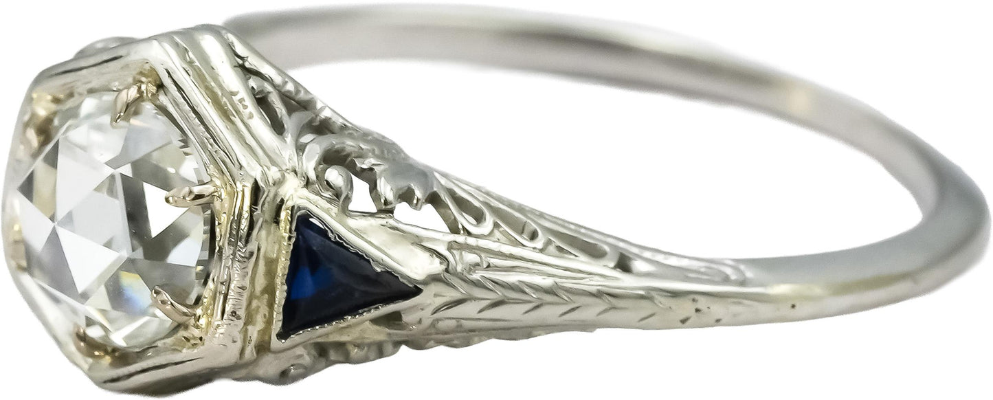 GIA Vintage Antique 18k White Gold VS1/G Diamond & Sapphire Filigree Ring .78CT