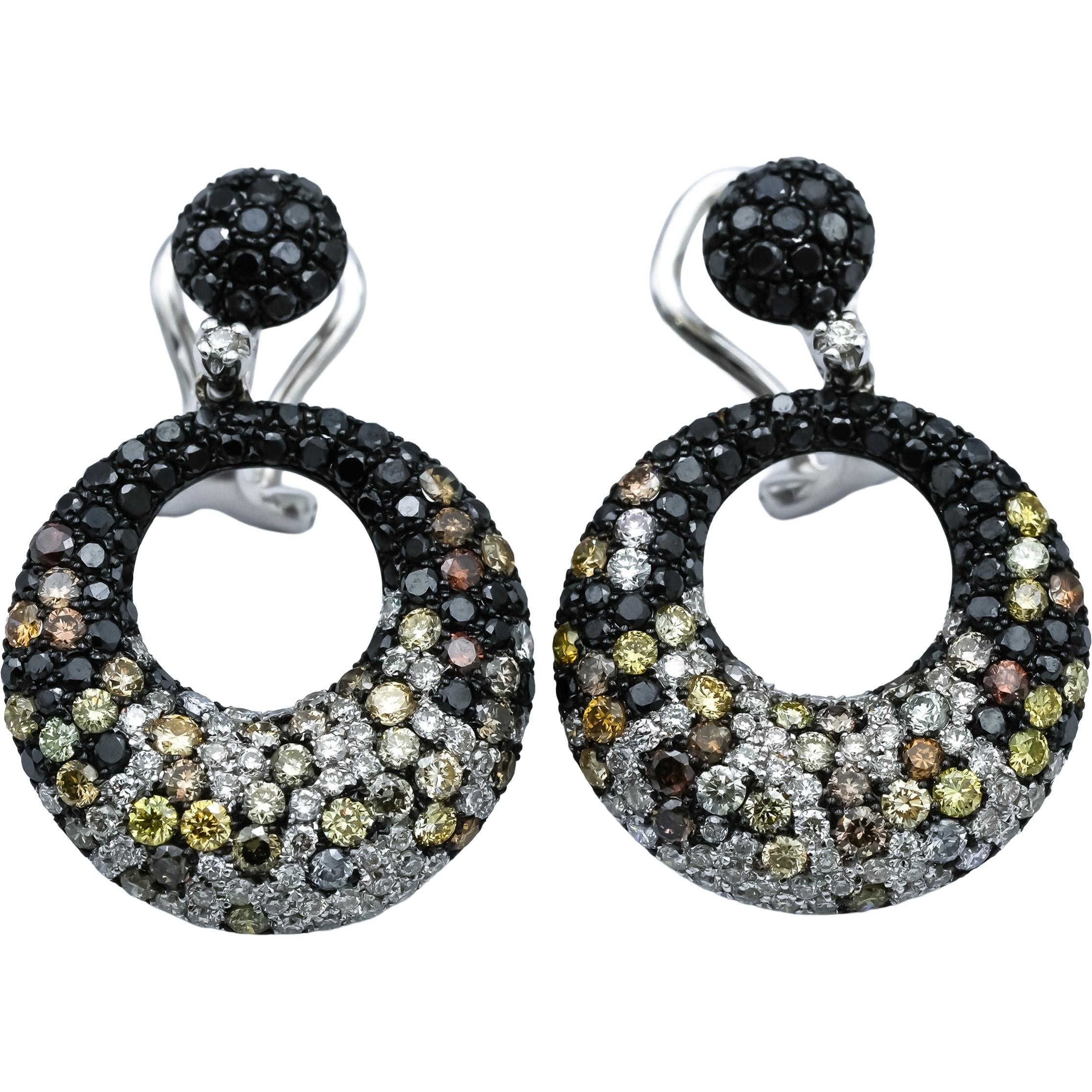 14k White Gold Round Black and Multi-Color Diamond Dangle Earrings 3.50CT