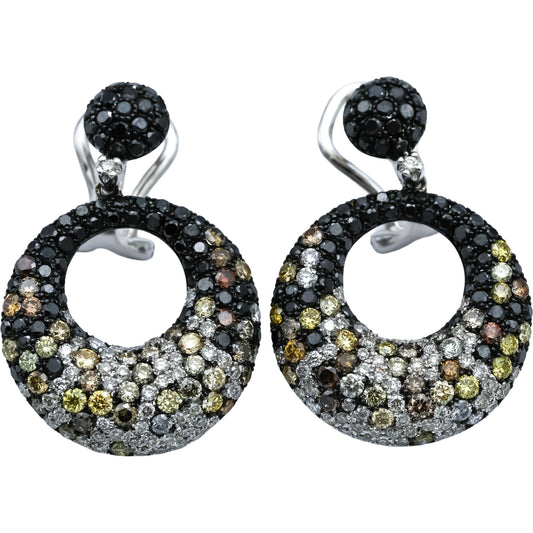 14k White Gold Round Black and Multi-Color Diamond Dangle Earrings 3.50CT
